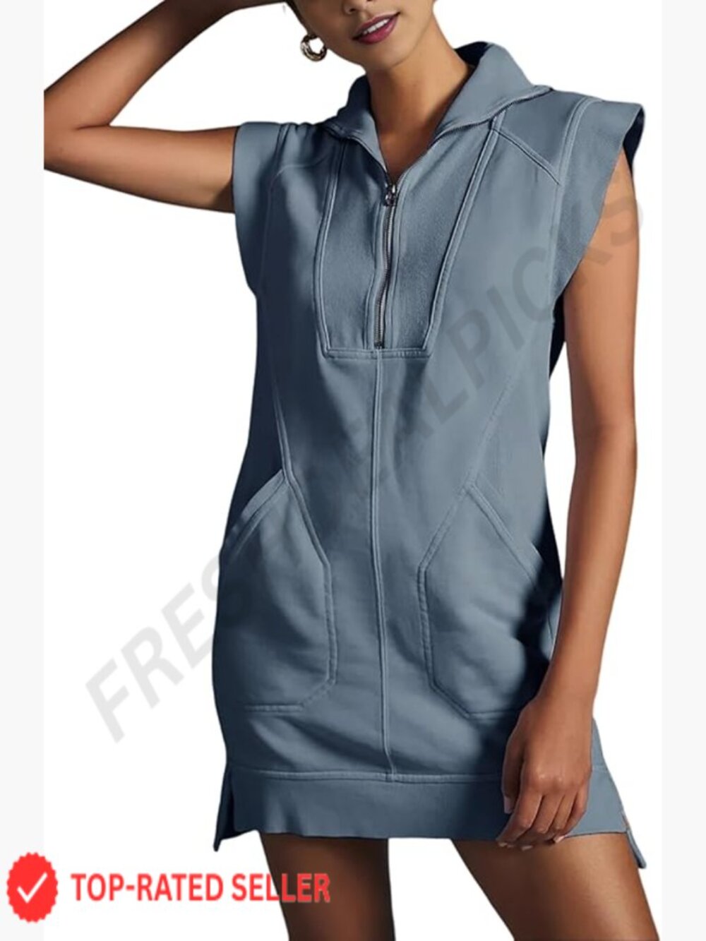 Half Zip Sweatshirt Dress Sleeveless Pullover Tunic Mini Dress Side Pockets